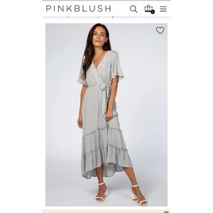 Pink blush gray wrap dress, maternity & nursing friendly, embroidered